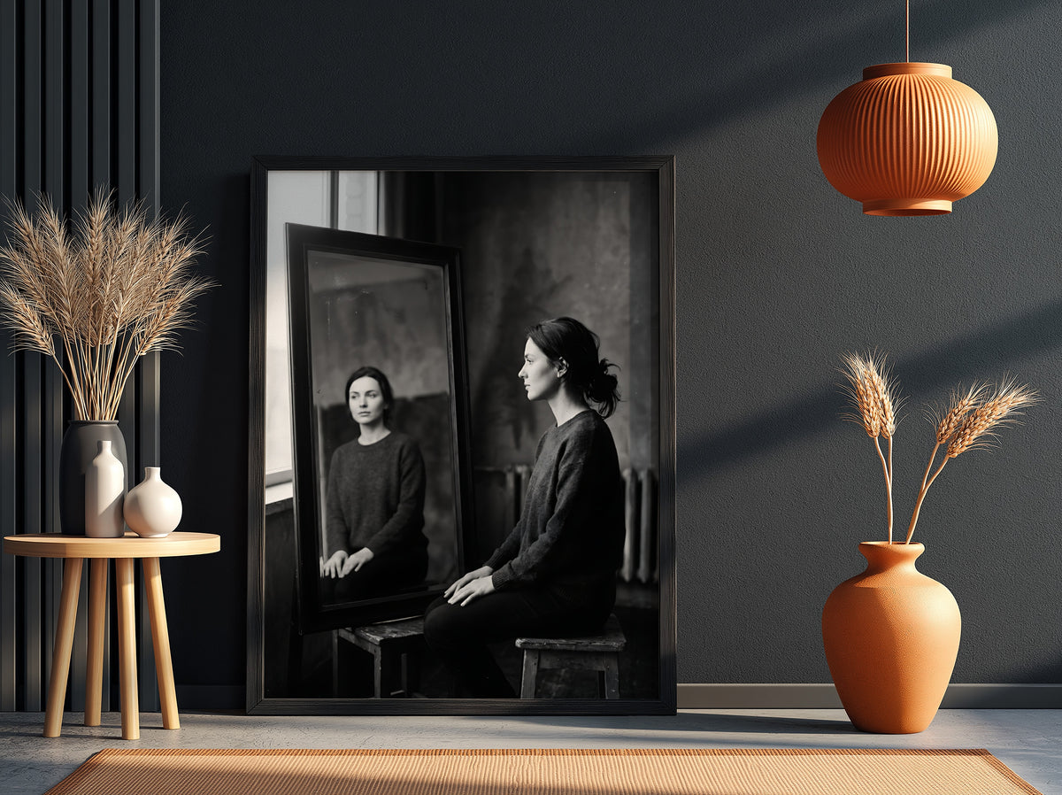 Black and white photographic poster of a woman sitting beside a mirror reflecting her calm face