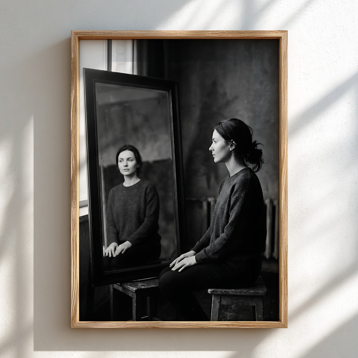 Black and white photographic poster of a woman sitting beside a mirror reflecting her calm face