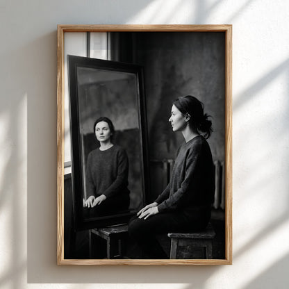 Black and white photographic poster of a woman sitting beside a mirror reflecting her calm face