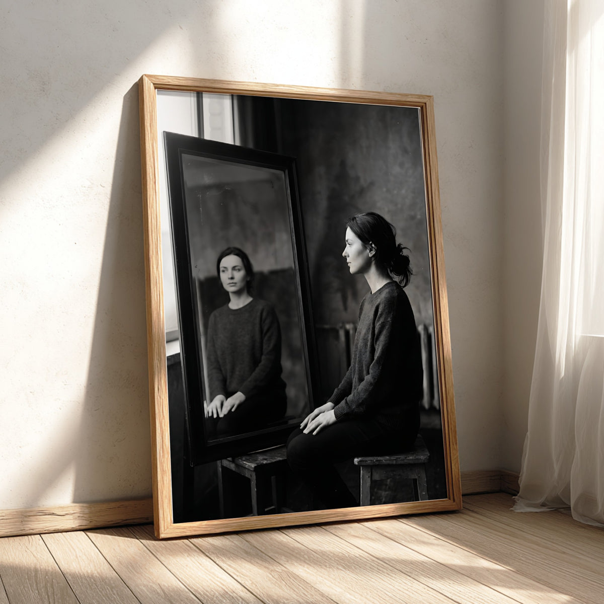 Black and white photographic poster of a woman sitting beside a mirror reflecting her calm face