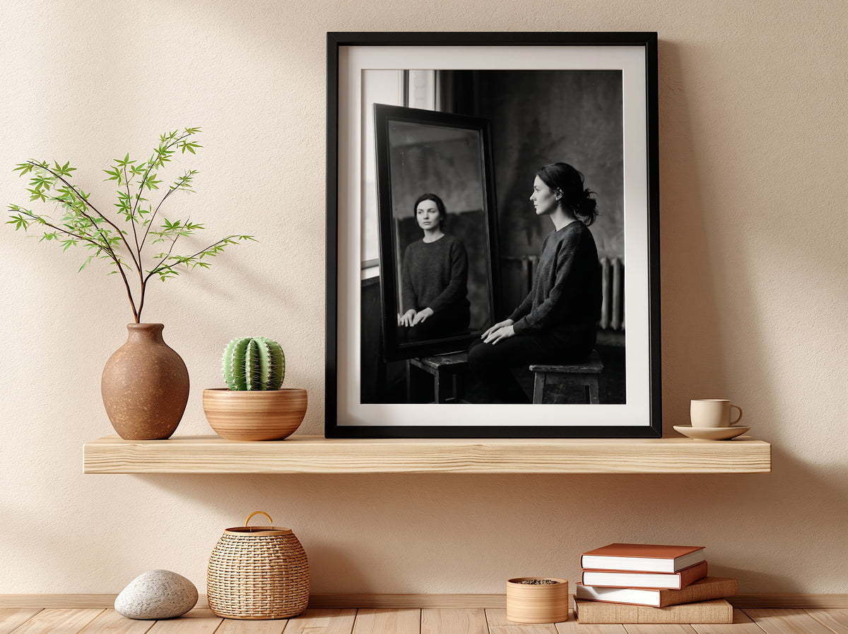 Black and white photographic poster of a woman sitting beside a mirror reflecting her calm face