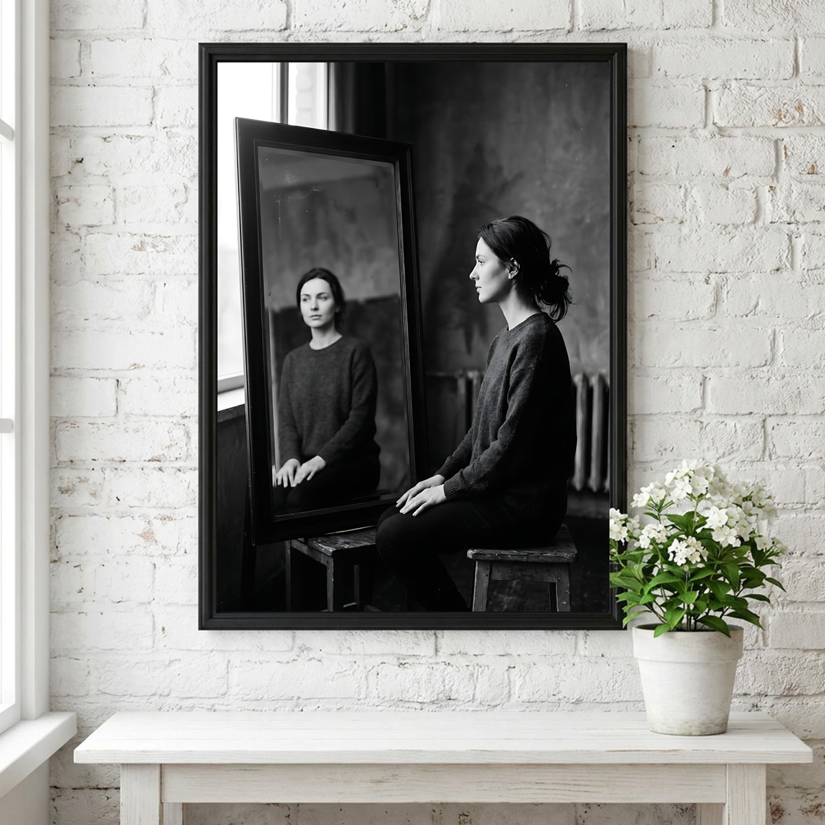Black and white photographic poster of a woman sitting beside a mirror reflecting her calm face