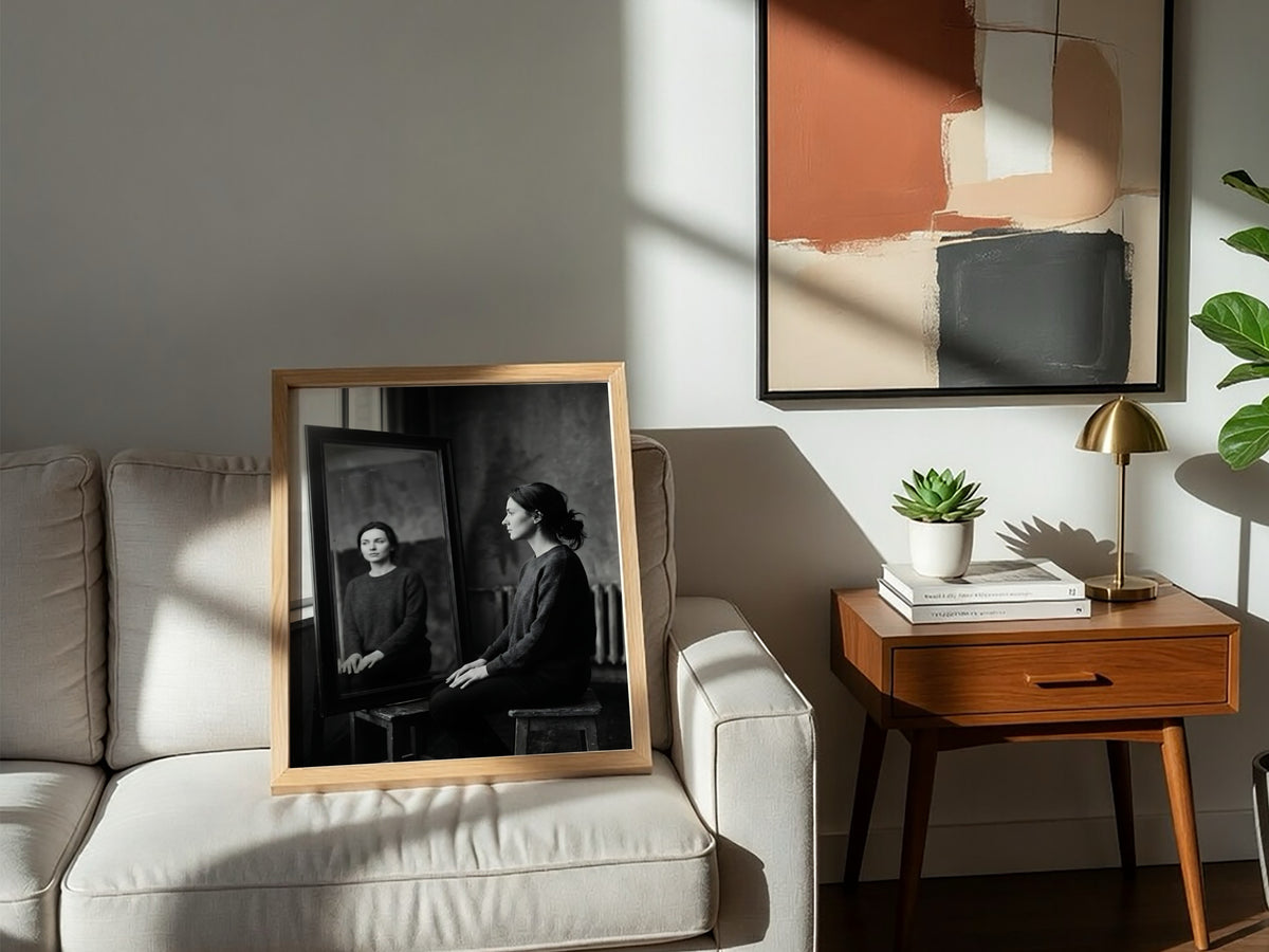 Black and white photographic poster of a woman sitting beside a mirror reflecting her calm face