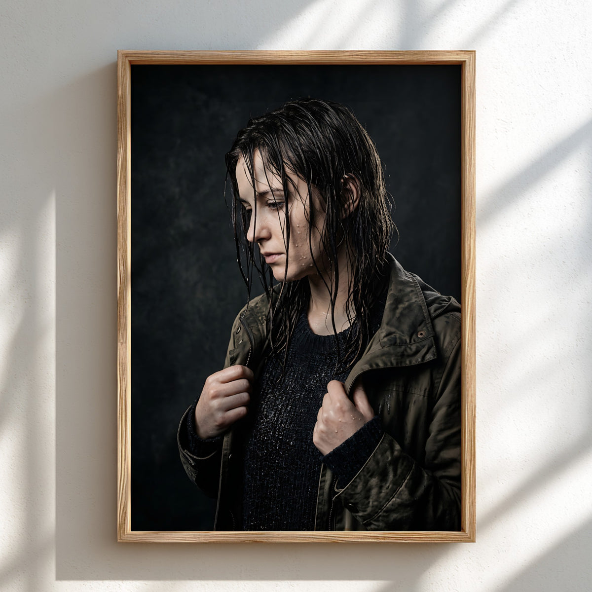 Framed poster showing model with rain-soaked hair in dark moody tones and contemplative pose