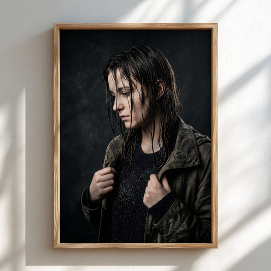 Framed poster showing model with rain-soaked hair in dark moody tones and contemplative pose