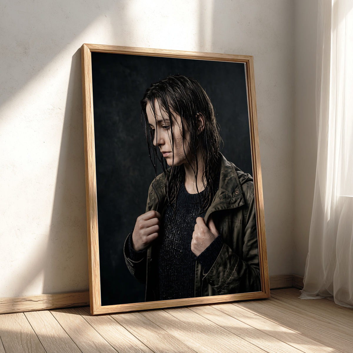 Framed poster showing model with rain-soaked hair in dark moody tones and contemplative pose
