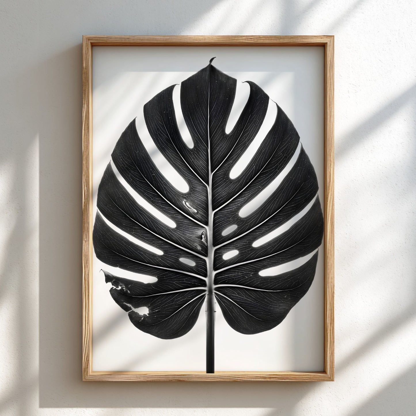 Wall decor featuring a black Monstera leaf with backlit studio effect and natural wood frame on white