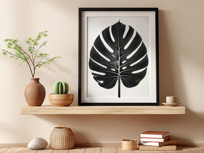 Wall decor featuring a black Monstera leaf with backlit studio effect and natural wood frame on white