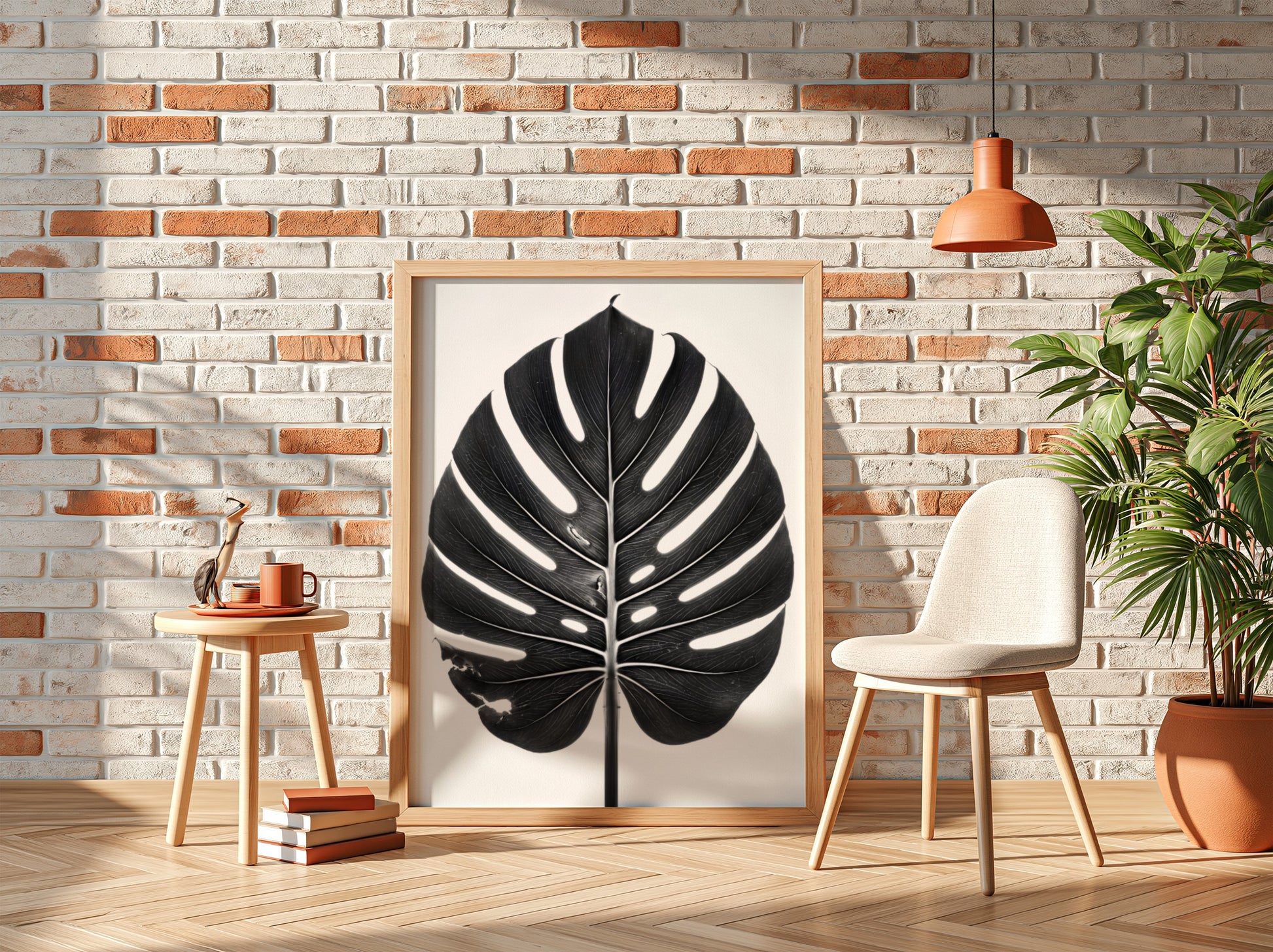 Wall decor featuring a black Monstera leaf with backlit studio effect and natural wood frame on white
