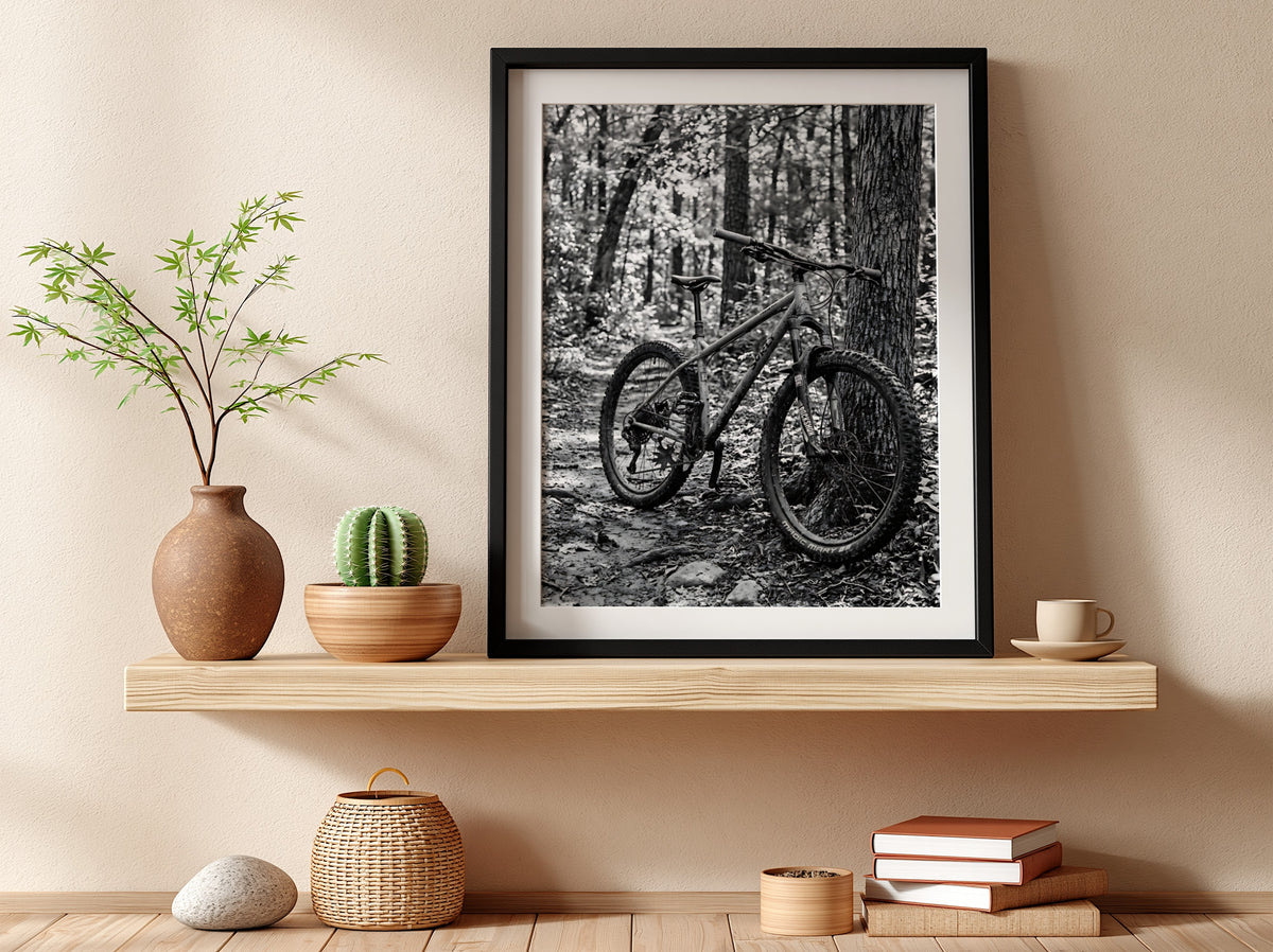 Black and white wall decor showing mountain bike resting against tree in forest with textured bark