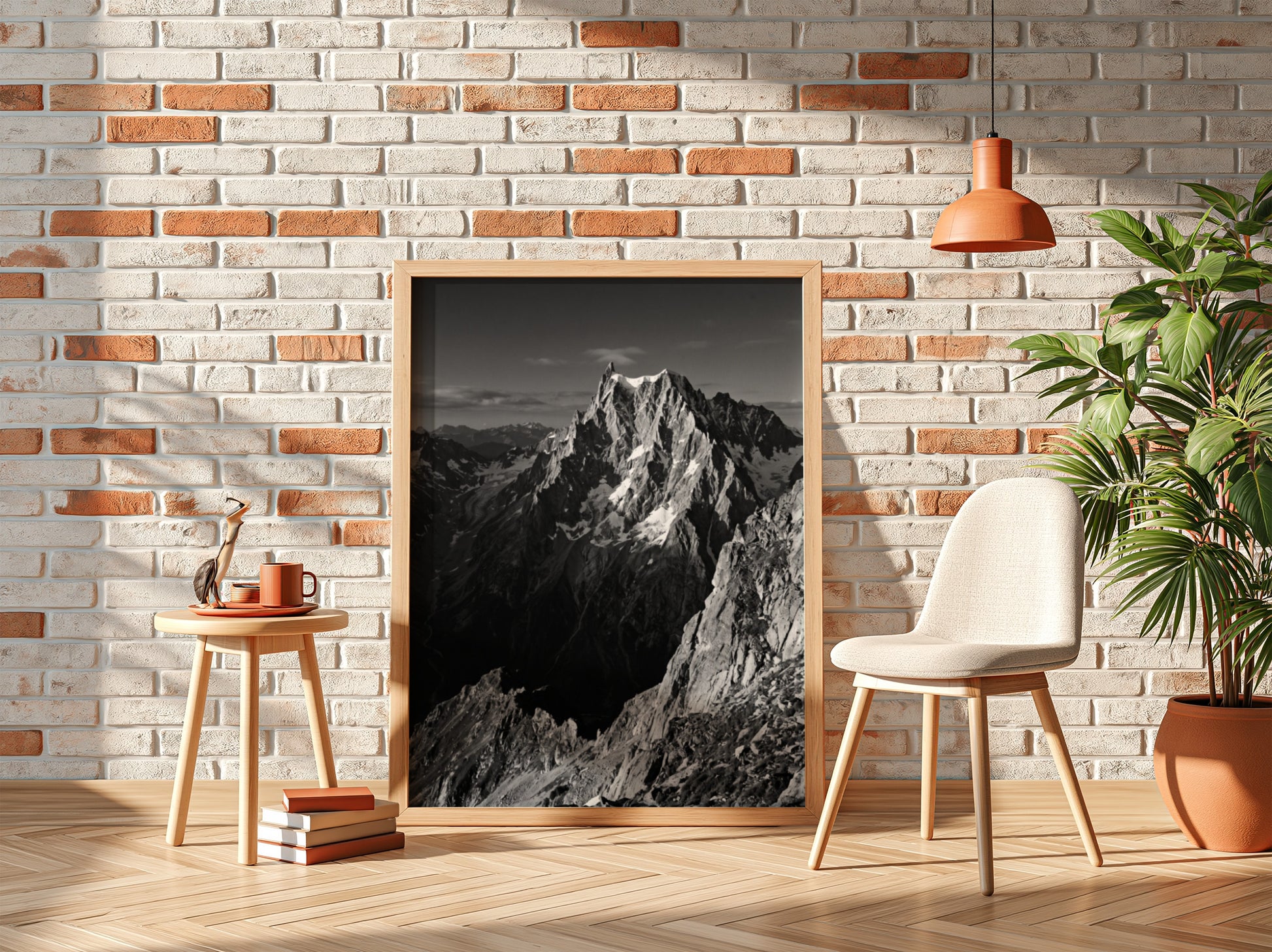 Black and white poster of mountain peak catching light with rugged rocky texture