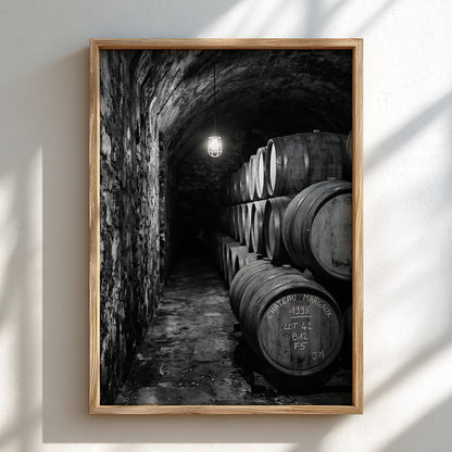 Wall decor featuring black and white photograph of oak wine barrels stacked in stone cellar under soft light