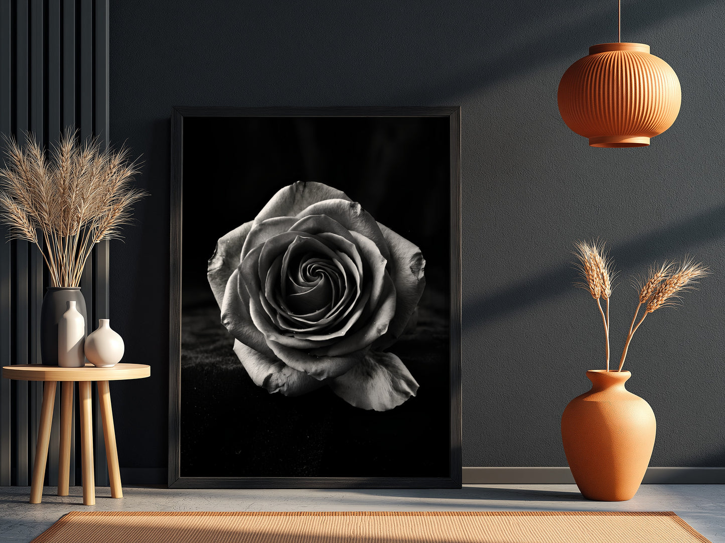 Monochrome wall decor featuring a detailed open rose on black velvet background with soft petal textures