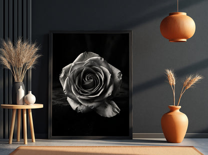 Monochrome wall decor featuring a detailed open rose on black velvet background with soft petal textures