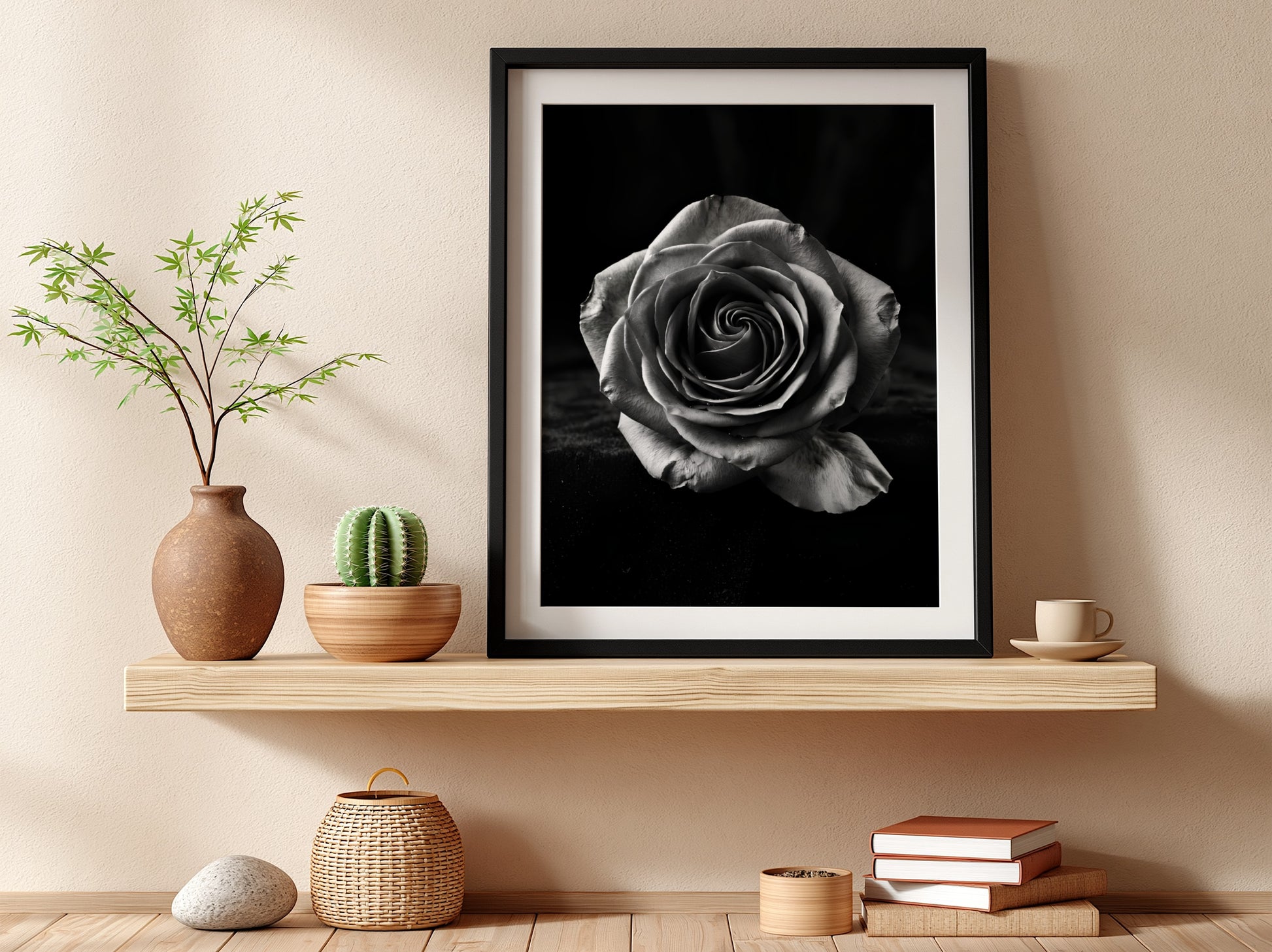 Monochrome wall decor featuring a detailed open rose on black velvet background with soft petal textures