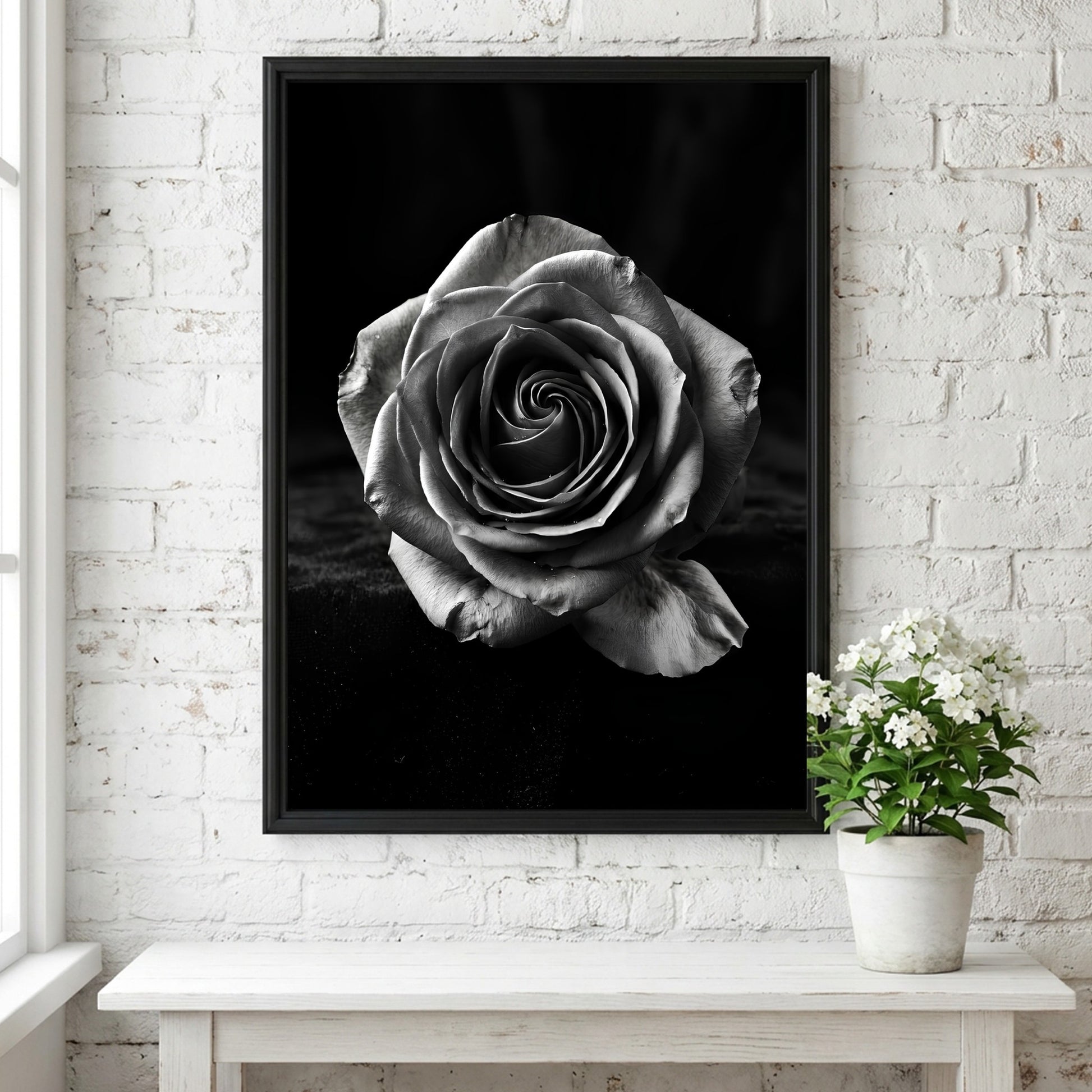Monochrome wall decor featuring a detailed open rose on black velvet background with soft petal textures