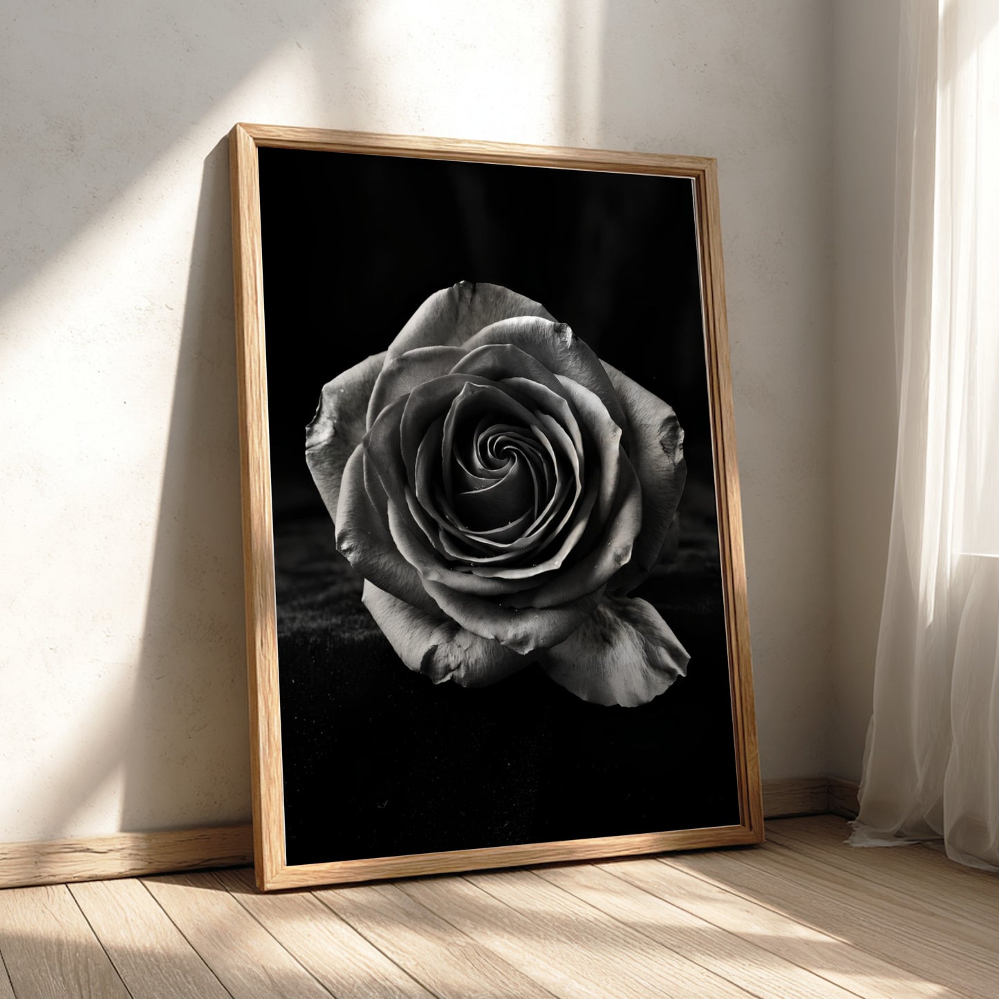 Monochrome wall decor featuring a detailed open rose on black velvet background with soft petal textures