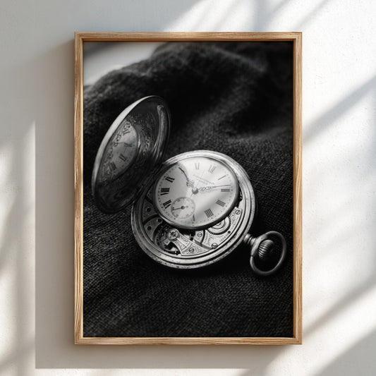 Vintage pocket watch poster in black and white with detailed mechanical parts and Roman numerals