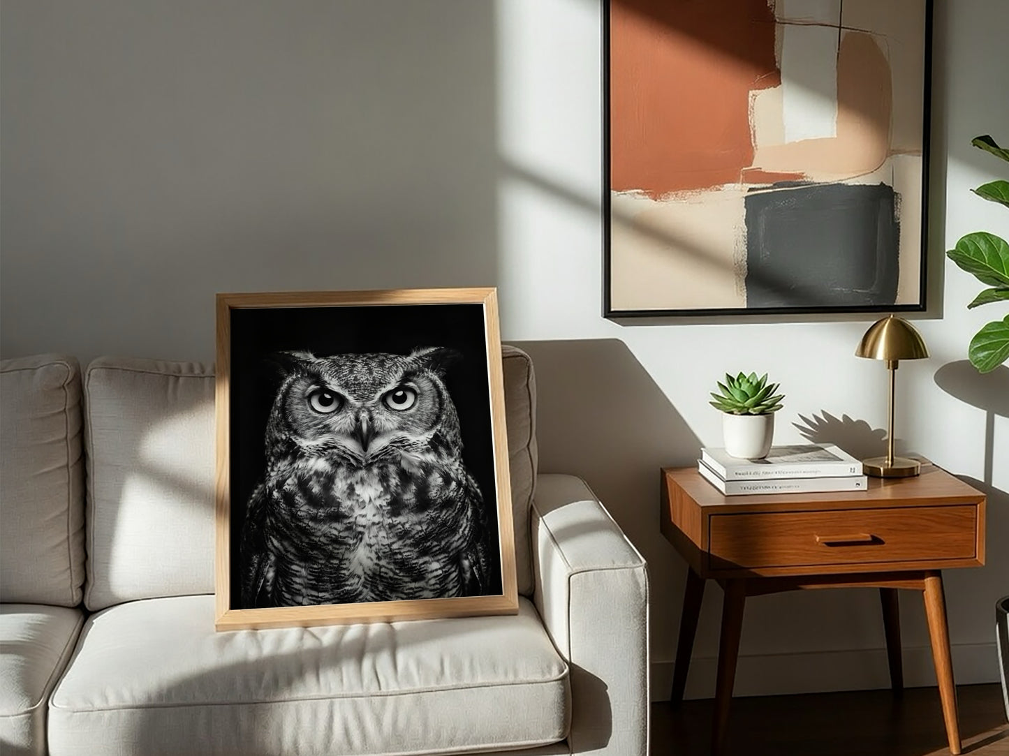 black and white owl portrait poster with detailed feathers and piercing eyes on dark background