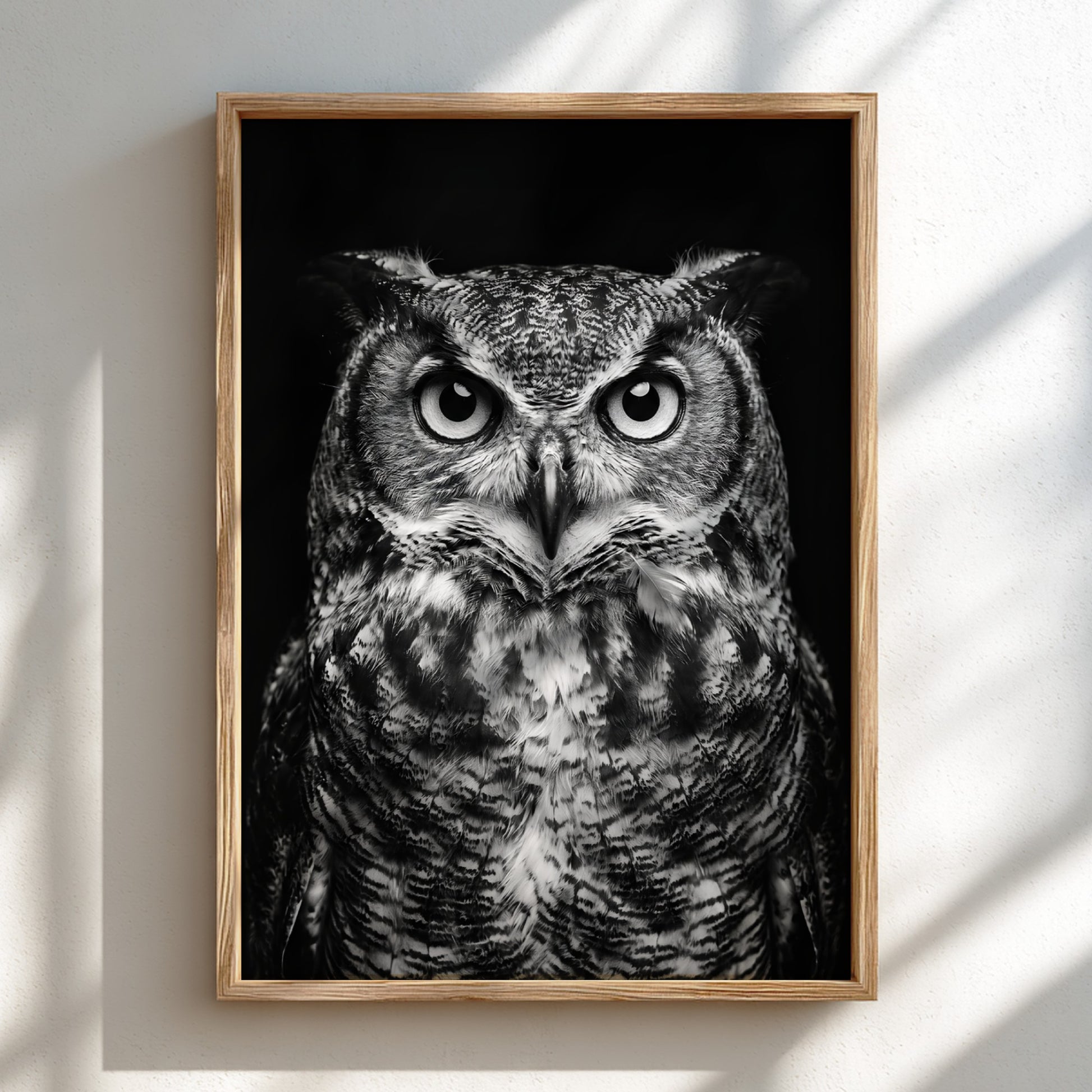 black and white owl portrait poster with detailed feathers and piercing eyes on dark background