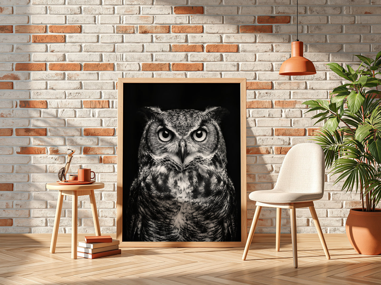 black and white owl portrait poster with detailed feathers and piercing eyes on dark background