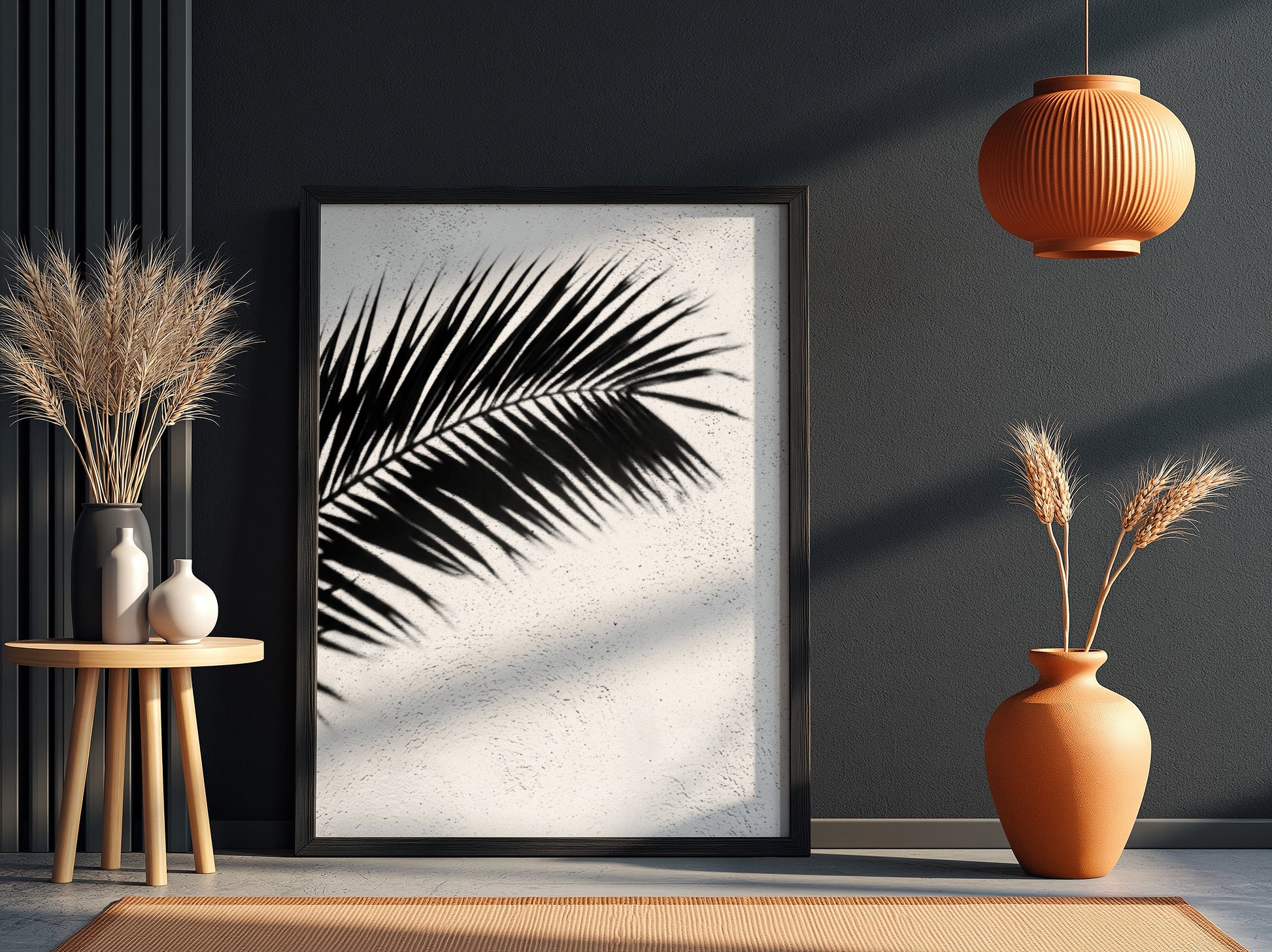 Wall decor poster with black palm frond shadows on white stucco textured background in minimalist style