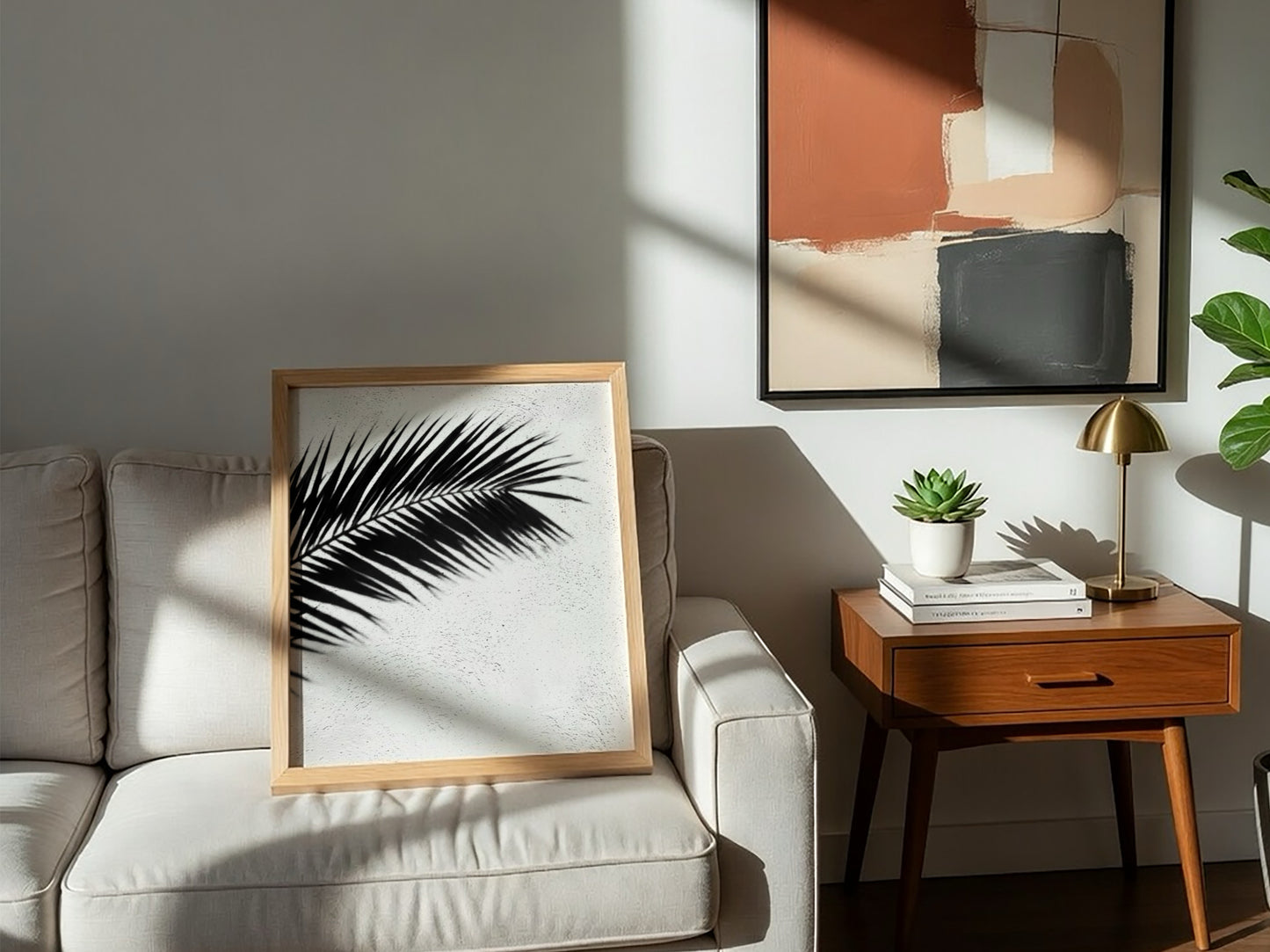 Wall decor poster with black palm frond shadows on white stucco textured background in minimalist style