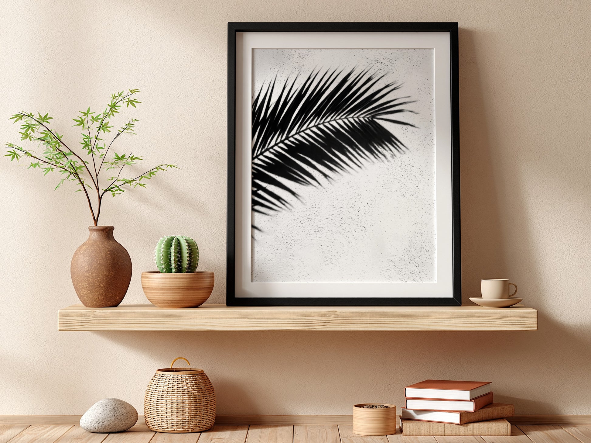 Wall decor poster with black palm frond shadows on white stucco textured background in minimalist style