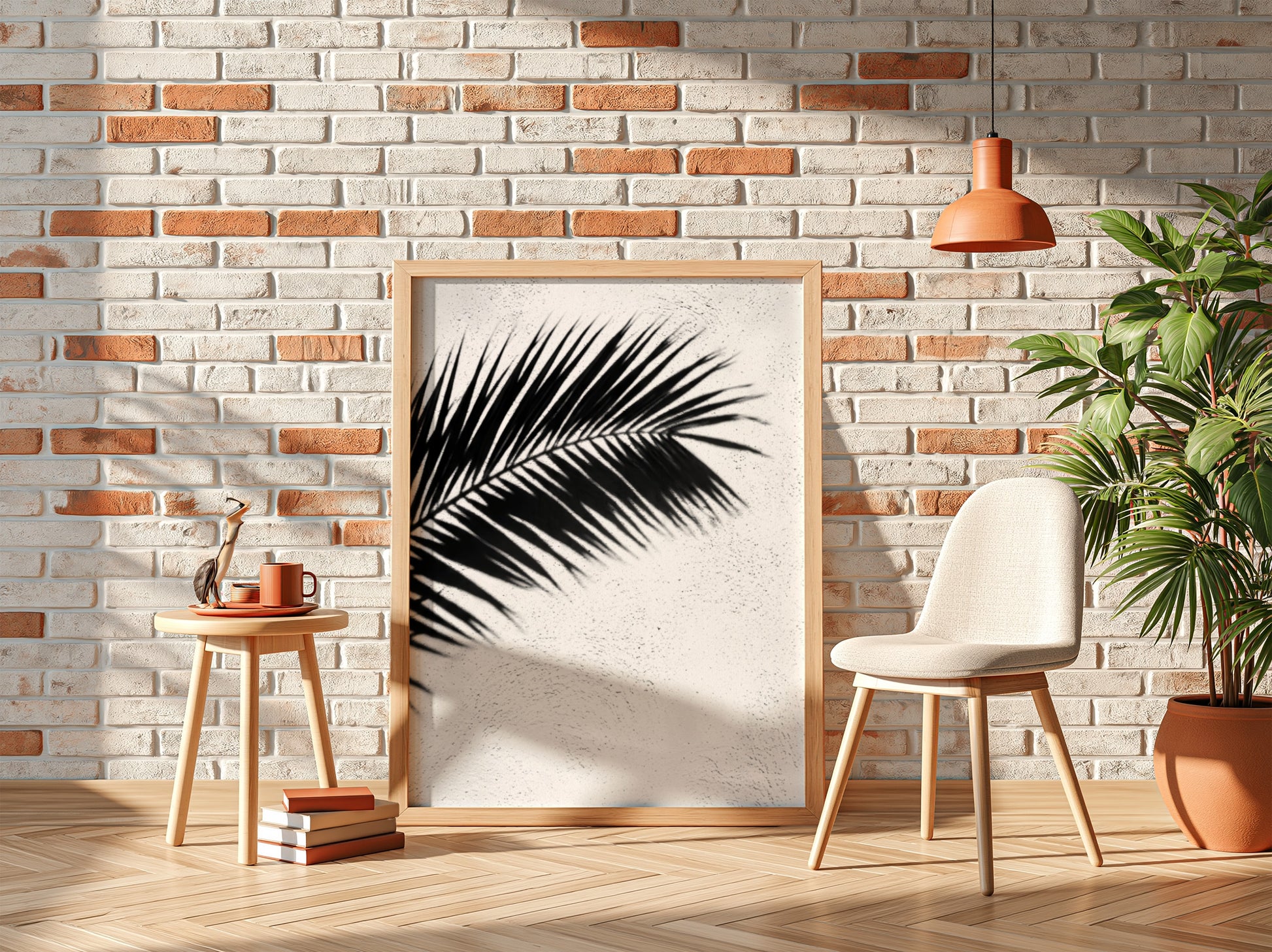 Wall decor poster with black palm frond shadows on white stucco textured background in minimalist style