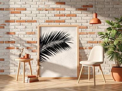 Wall decor poster with black palm frond shadows on white stucco textured background in minimalist style
