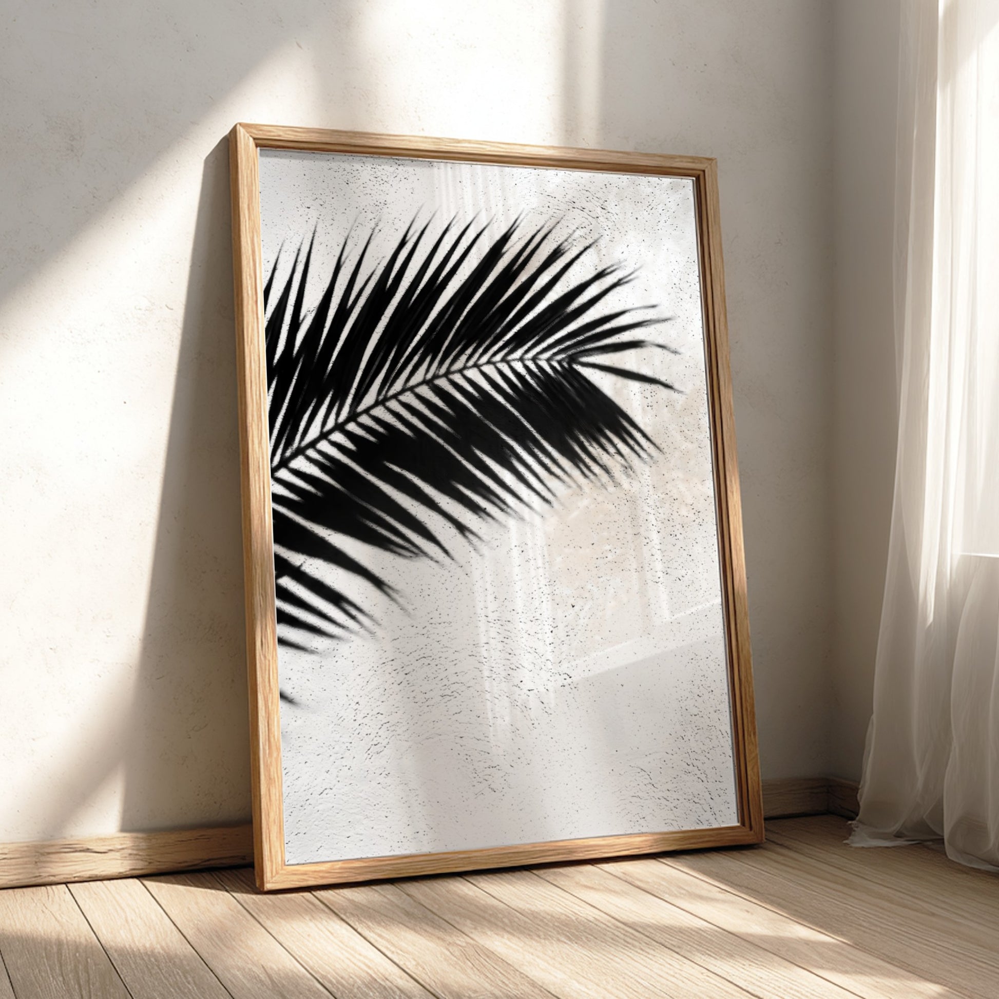 Wall decor poster with black palm frond shadows on white stucco textured background in minimalist style