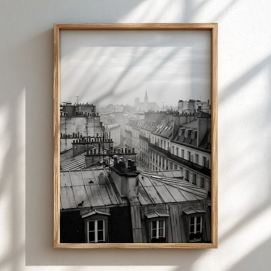 poster showing monochrome Parisian rooftops at dawn with soft light and misty skyline