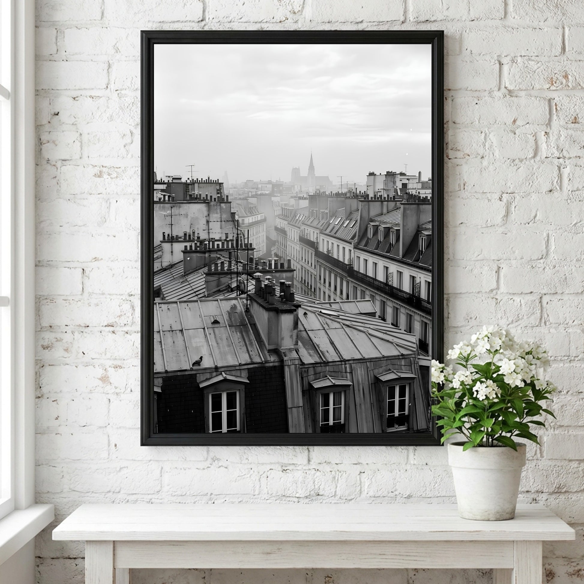 poster showing monochrome Parisian rooftops at dawn with soft light and misty skyline