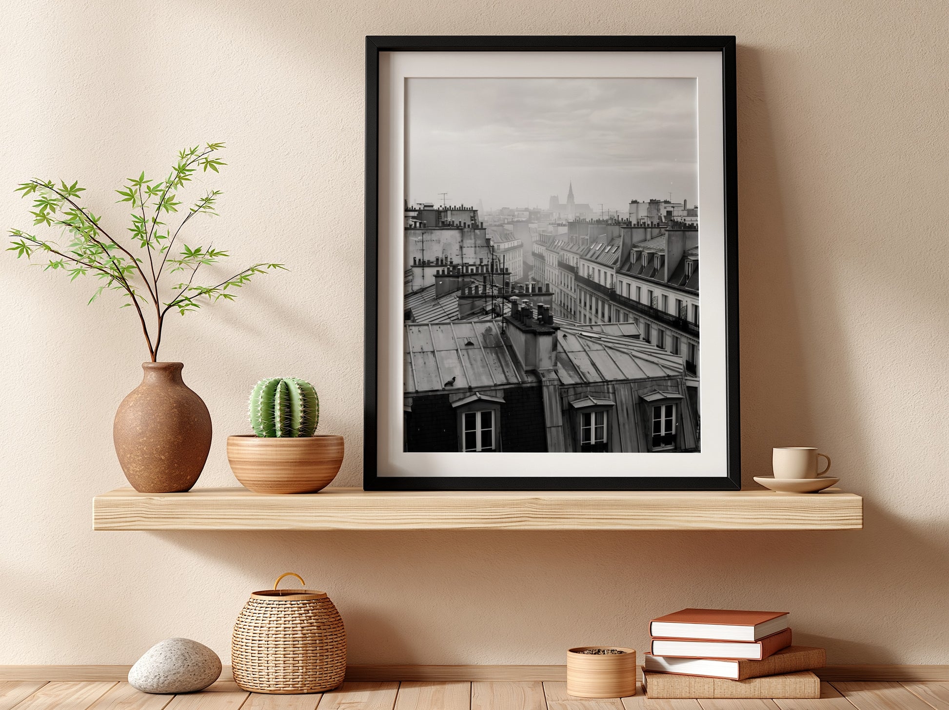 poster showing monochrome Parisian rooftops at dawn with soft light and misty skyline
