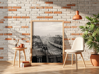 poster showing monochrome Parisian rooftops at dawn with soft light and misty skyline