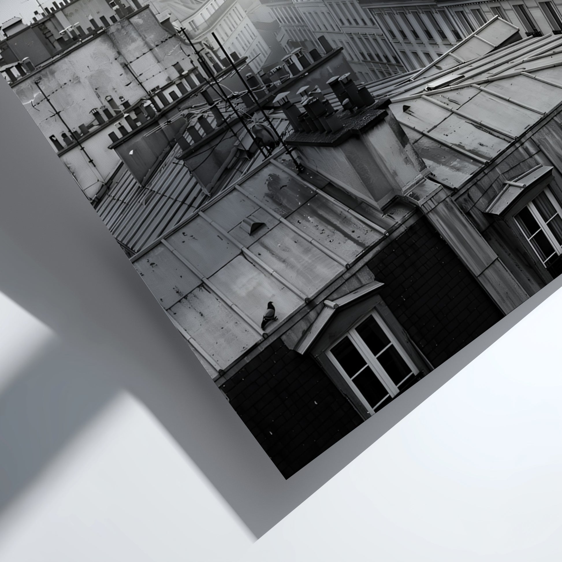 poster showing monochrome Parisian rooftops at dawn with soft light and misty skyline