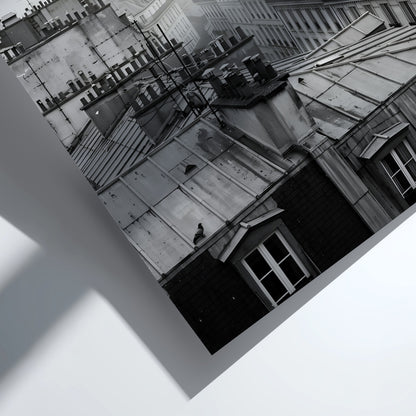 poster showing monochrome Parisian rooftops at dawn with soft light and misty skyline