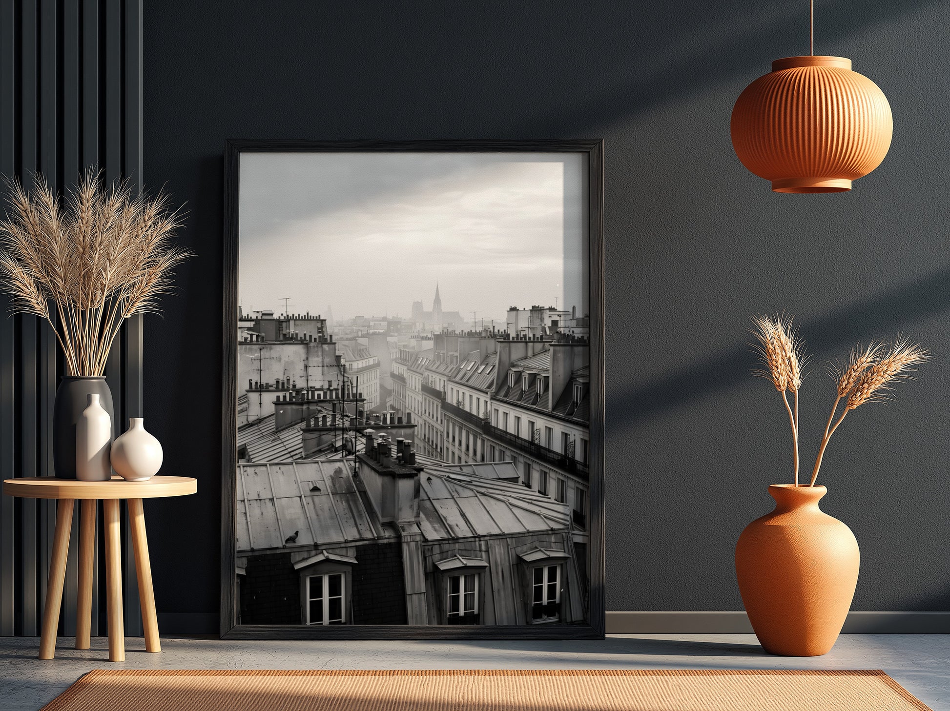 poster showing monochrome Parisian rooftops at dawn with soft light and misty skyline