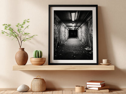 Black and white poster of pedestrian underpass at night with fluorescent lights and graffiti walls