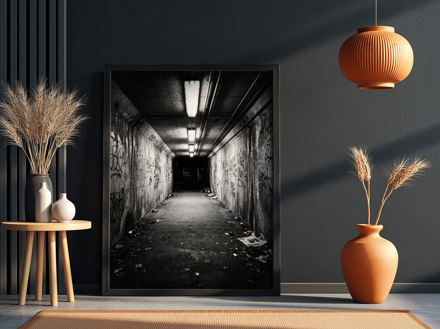Black and white poster of pedestrian underpass at night with fluorescent lights and graffiti walls