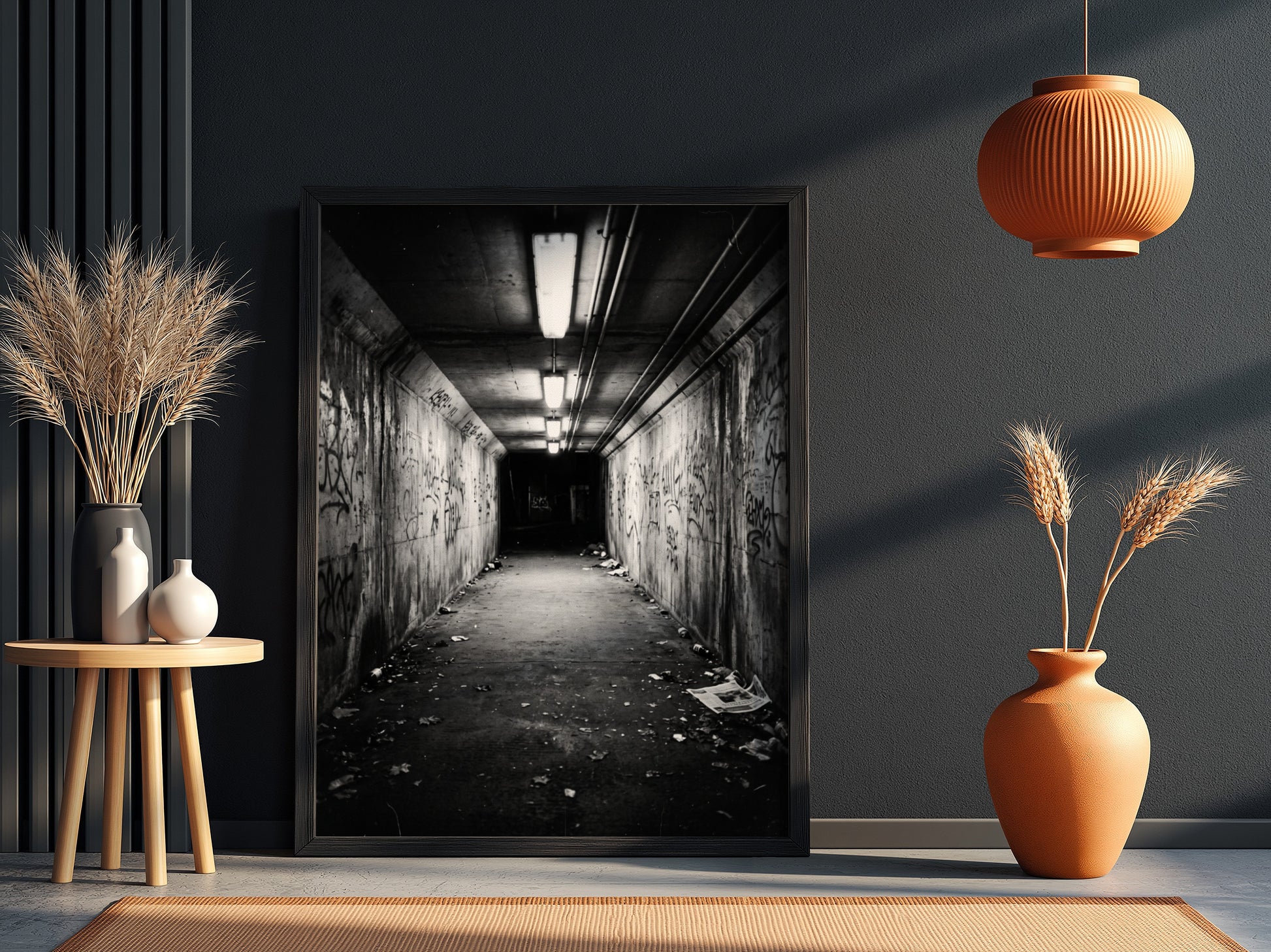 Black and white poster of pedestrian underpass at night with fluorescent lights and graffiti walls