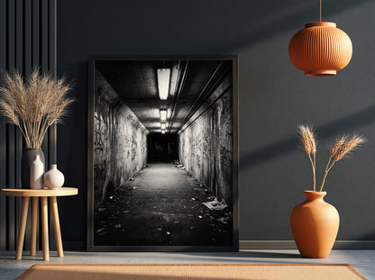 Black and white poster of pedestrian underpass at night with fluorescent lights and graffiti walls