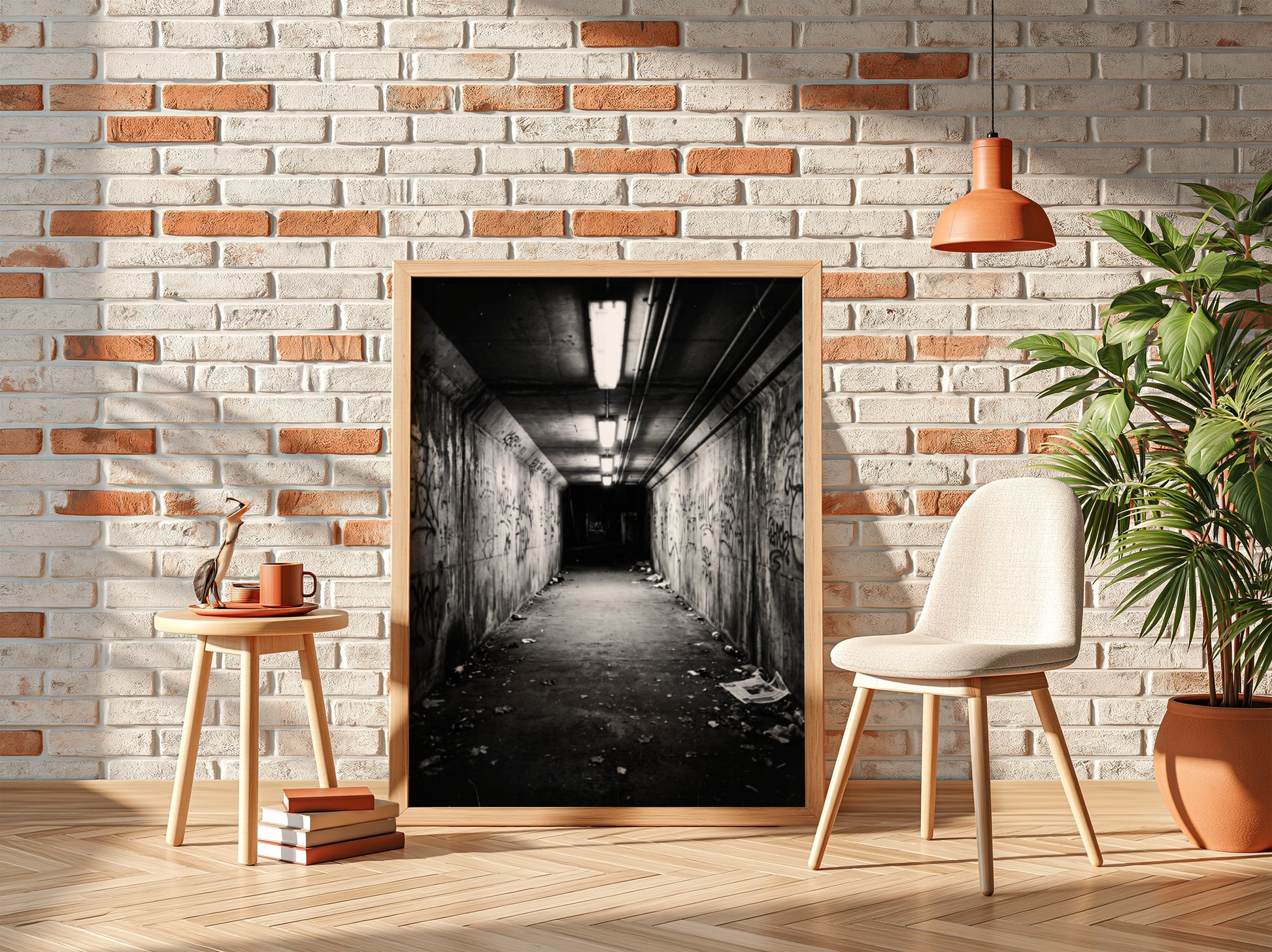 Black and white poster of pedestrian underpass at night with fluorescent lights and graffiti walls
