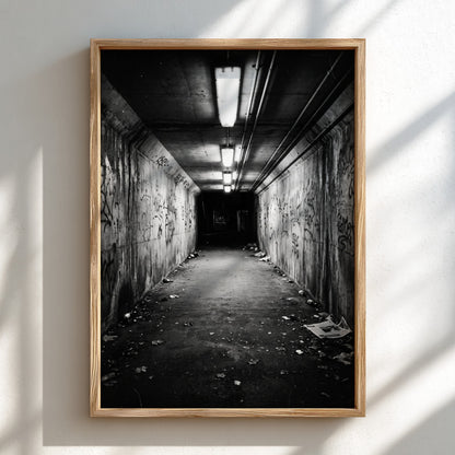 Black and white poster of pedestrian underpass at night with fluorescent lights and graffiti walls
