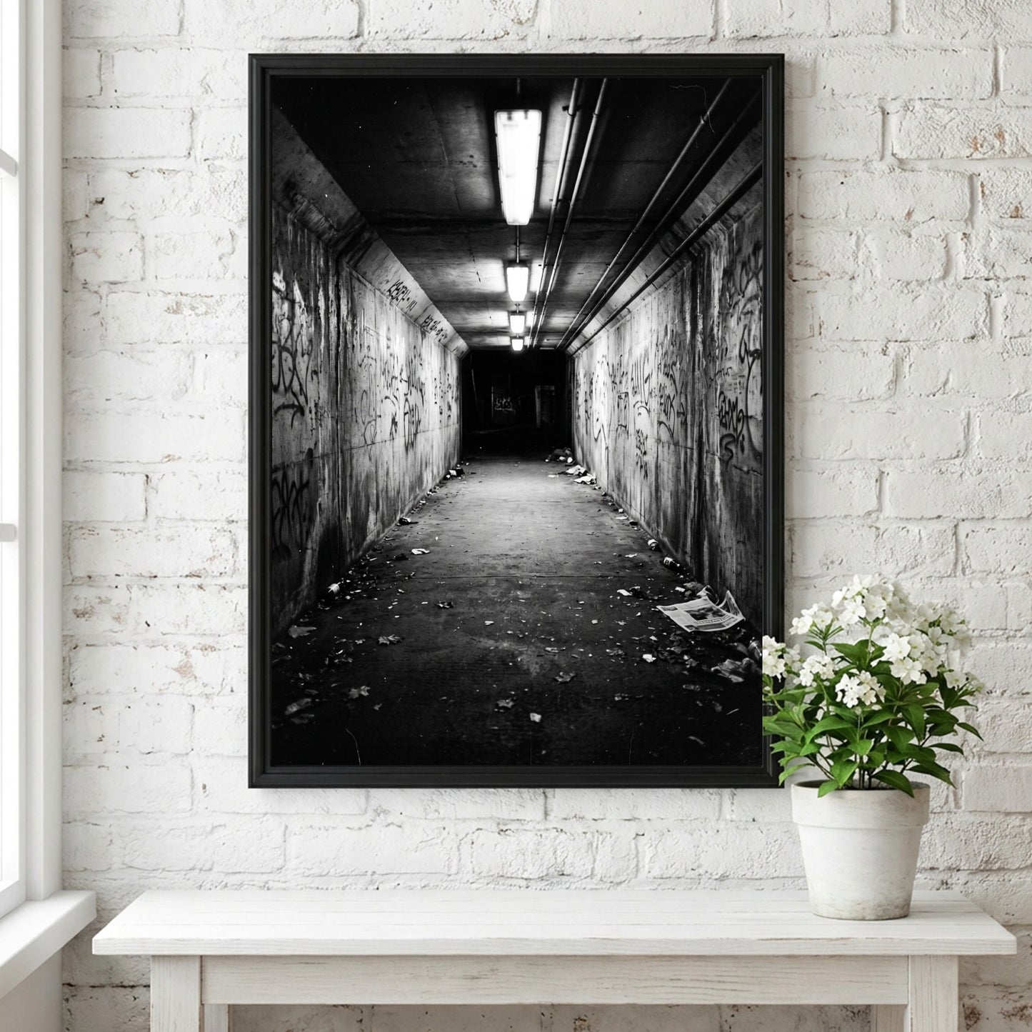 Black and white poster of pedestrian underpass at night with fluorescent lights and graffiti walls