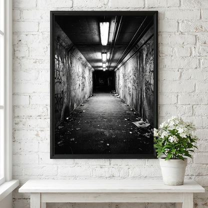 Black and white poster of pedestrian underpass at night with fluorescent lights and graffiti walls