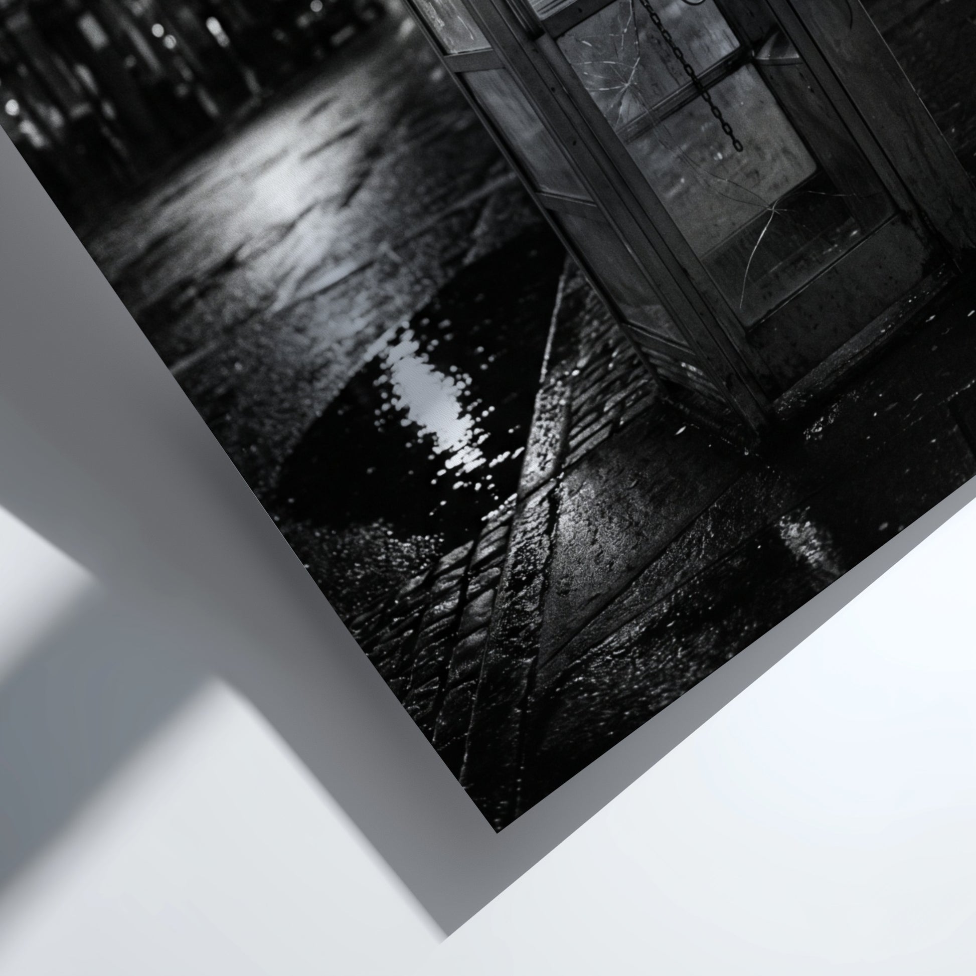 black and white wall decor of illuminated phone booth on rainy city street corner at night