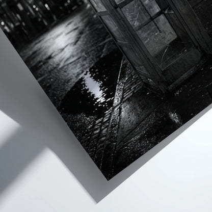 black and white wall decor of illuminated phone booth on rainy city street corner at night