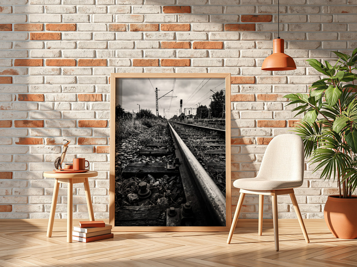 Black and white poster of railway tracks converging with wooden sleepers and overhead power lines