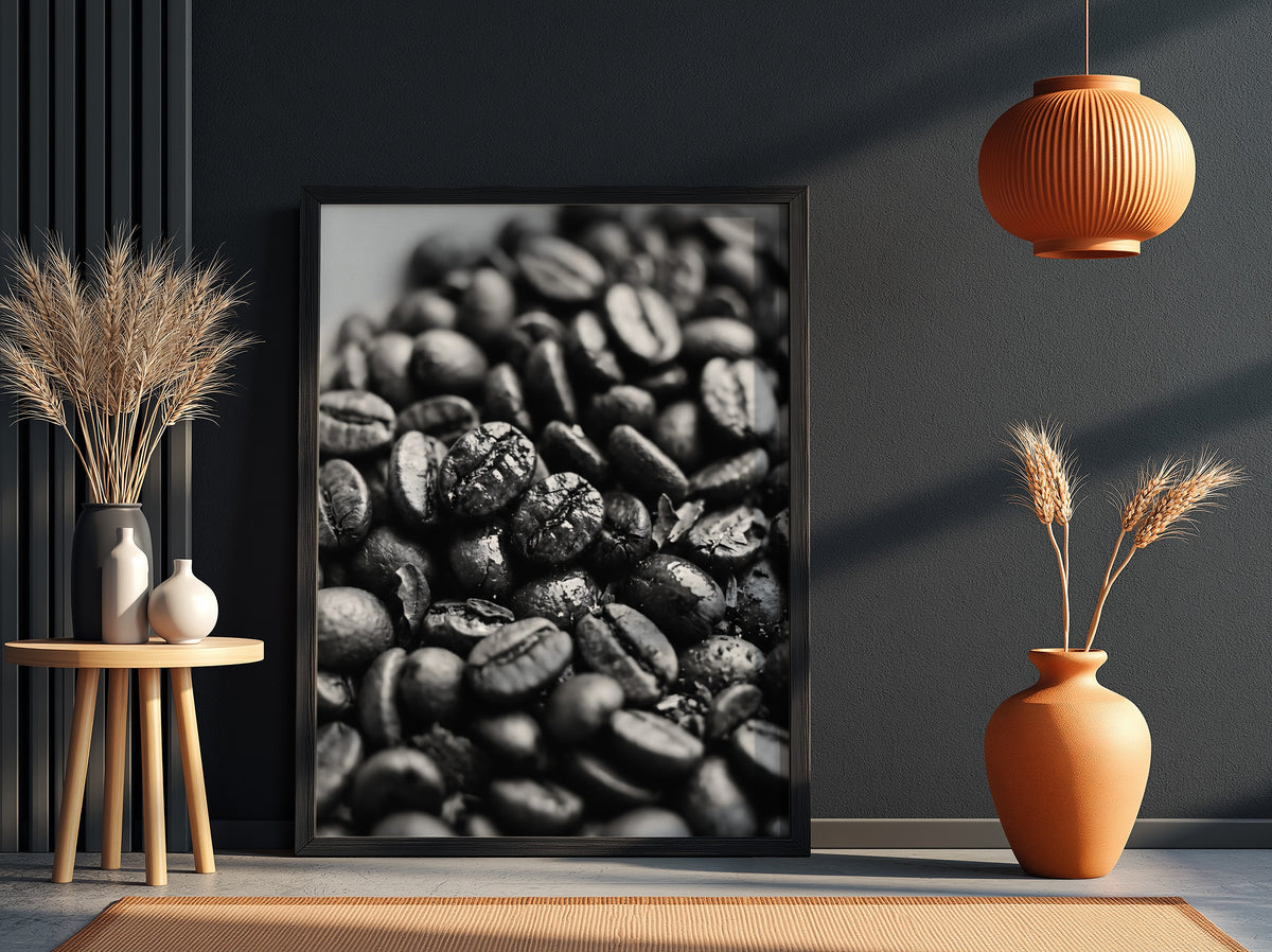Poster of roasted coffee beans close-up macro photo in black and white with detailed texture